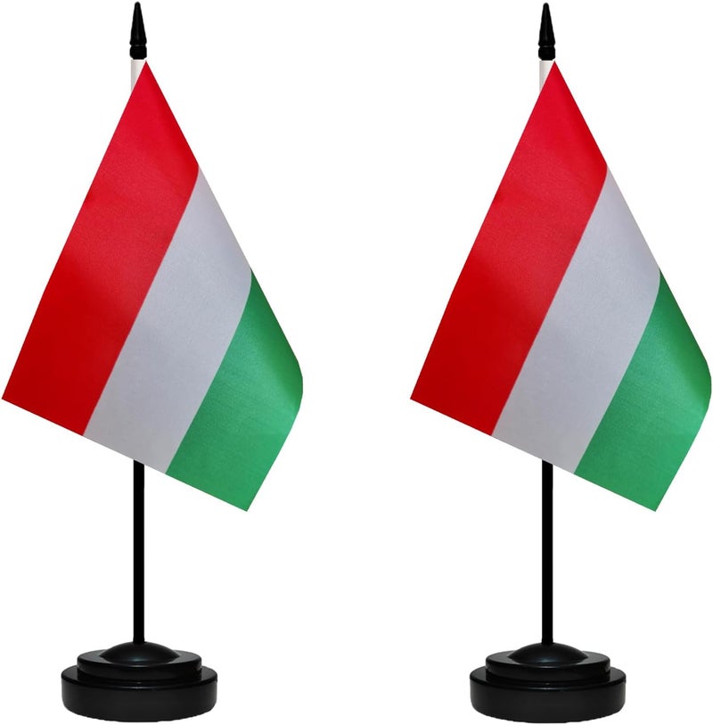 tibijoy Hungary Hungarian Small Mini Desk Flag Set Miniature Hungary Hungarian Table Office Flag with 13" Black Pole, Black Base, Miniature Hungary Deluxe Desktop Flag(2 Pack) - Image 1